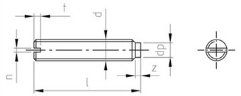 Таблица характеристик: Винт DIN 417 титановый Gr2, Gr5 установочный с цилиндрическим концом (цапфой), прямой шлиц