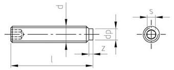 Таблица характеристик: Винт  DIN 915 Gr2, Gr5  титановый установочный с цилиндрическим концом (цапфой), внутренний шестигранник