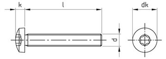 Таблица характеристик: Винт DIN 7985 с полукруглой головкой шестирадиусным шлицем TORX, полная резьба