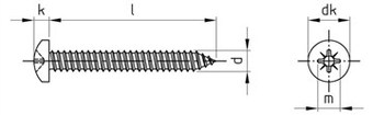 Таблица характеристик: Саморез по металлу DIN 7981 C титановый Gr2 GR5  полукруглая головка, крестообразный шлиц (Ph, Pz), полная резьба