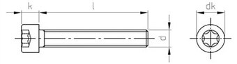 Таблица характеристик: Винт DIN 912 Gr 2, Gr 5 титановый с цилиндрической головкой TORX и внутренним шестигранником, полная резьба