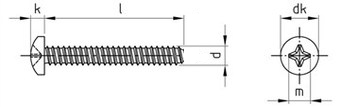 Таблица характеристик: Саморез по металлу DIN 7981 F титановый Gr2 Gr5 , полукруглая головка, крестообразный шлиц (Ph), тупой конец  