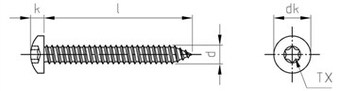 Таблица характеристик: Саморез по металлу DIN 7981 TORX полная резьба 