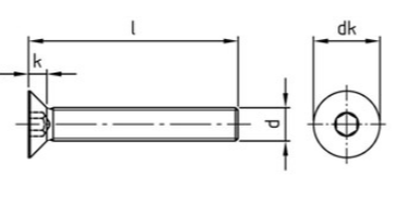 Таблица характеристик: Винт DIN 7991 Gr2, Gr5 с потайной головкой и внутренним шестигранником под ключ - AISI 304, AISI 316