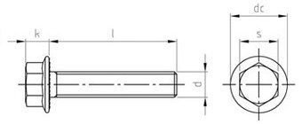 Таблица характеристик: Болт DIN 6921 Gr 2, Gr 5 титановый с шестигранной головкой с фланцем