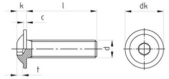 Таблица характеристик: Винт ISO 7380 -2 MF с полукруглой головкой с шестигранным углублением под ключ и прессшайбой