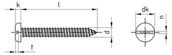 Таблица характеристик: Саморез по металлу DIN 7971 С титановый Gr2 Gr5, цилиндрическая головка, прямой шлиц, полная резьба